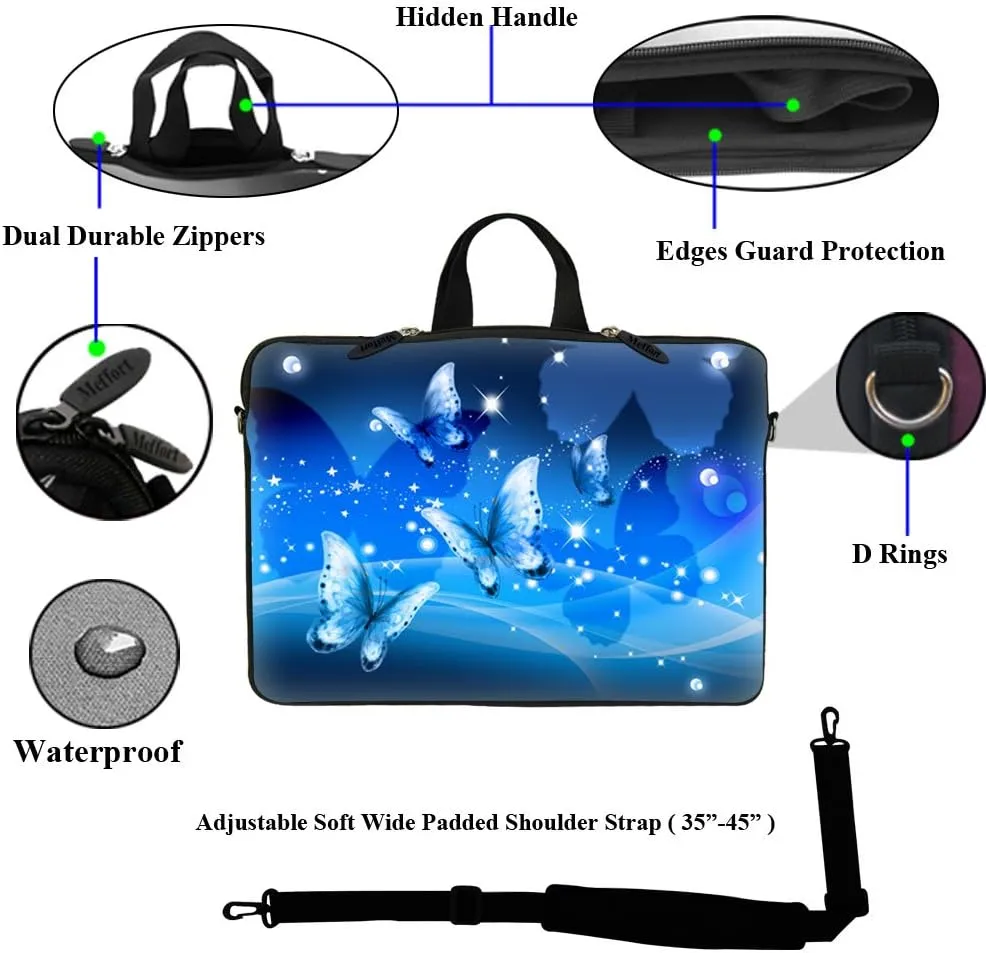 Meffort Inc 15 15.6 inch Neoprene Laptop Sleeve Bag Carrying Case with Hidden Handle and Adjustable Shoulder Strap - Blue Butterfly Design