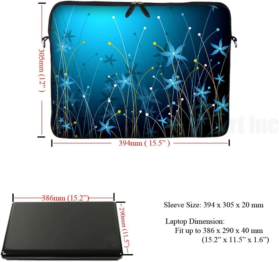 Meffort Inc 15 15.6 inch Neoprene Laptop Sleeve Bag Carrying Case with Hidden Handle and Adjustable Shoulder Strap - Blue Mini Flowers