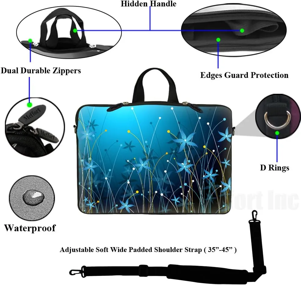 Meffort Inc 15 15.6 inch Neoprene Laptop Sleeve Bag Carrying Case with Hidden Handle and Adjustable Shoulder Strap - Blue Mini Flowers