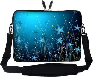 Meffort Inc 15 15.6 inch Neoprene Laptop Sleeve Bag Carrying Case with Hidden Handle and Adjustable Shoulder Strap - Blue Mini Flowers