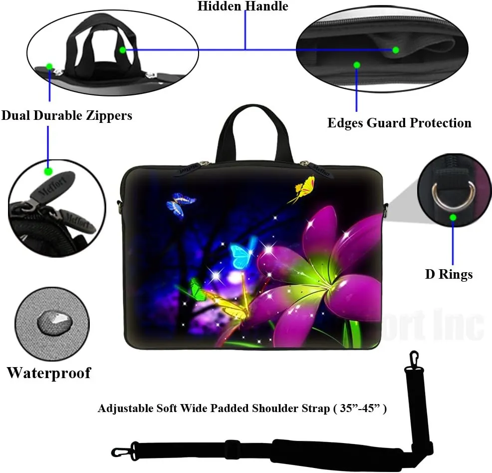 Meffort Inc 15 15.6 inch Neoprene Laptop Sleeve Bag Carrying Case with Hidden Handle and Adjustable Shoulder Strap - Blue Purple Flower Butterfly