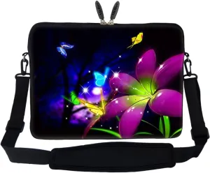 Meffort Inc 15 15.6 inch Neoprene Laptop Sleeve Bag Carrying Case with Hidden Handle and Adjustable Shoulder Strap - Blue Purple Flower Butterfly