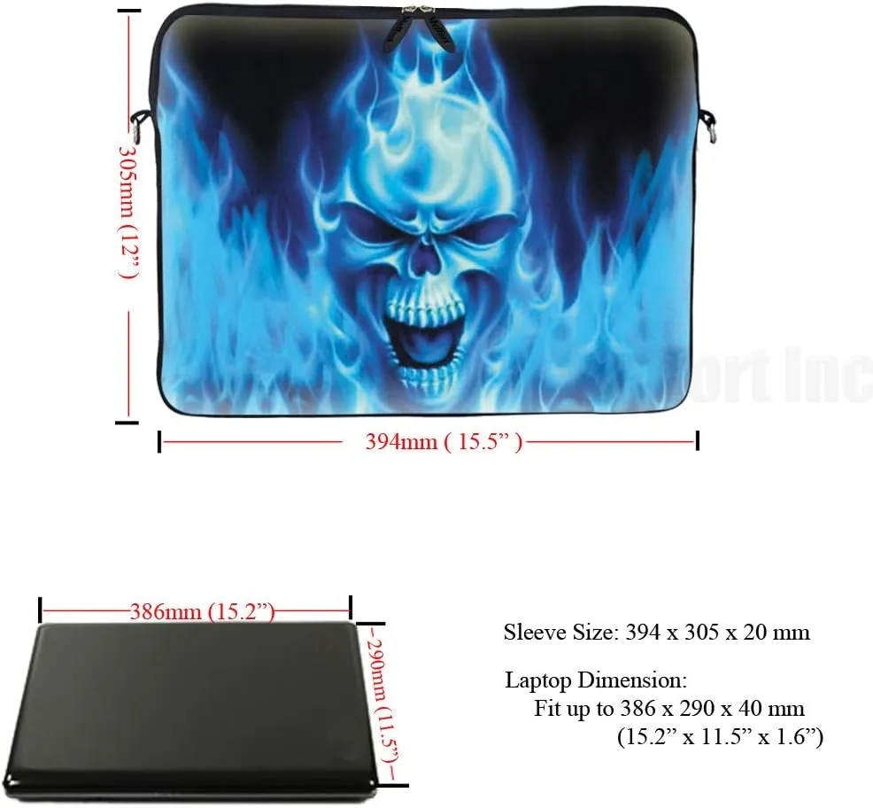 Meffort Inc 15 15.6 inch Neoprene Laptop Sleeve Bag Carrying Case with Hidden Handle and Adjustable Shoulder Strap - Blue Skull
