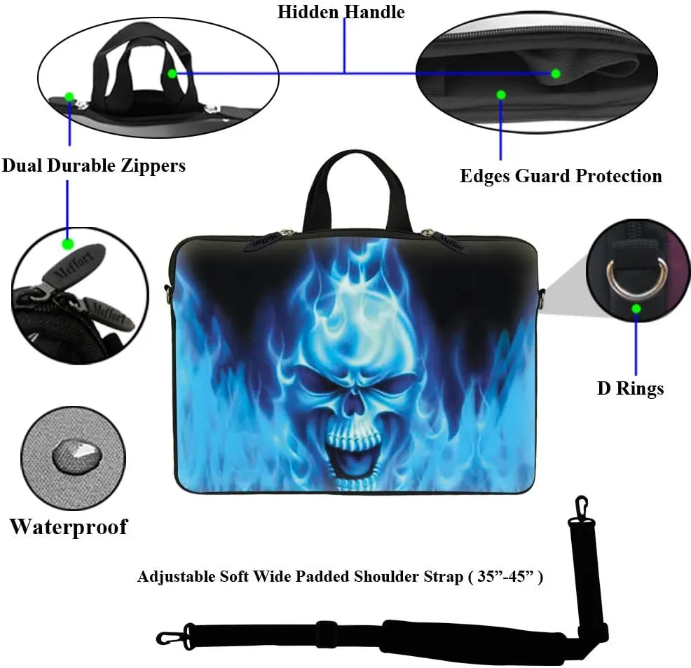 Meffort Inc 15 15.6 inch Neoprene Laptop Sleeve Bag Carrying Case with Hidden Handle and Adjustable Shoulder Strap - Blue Skull