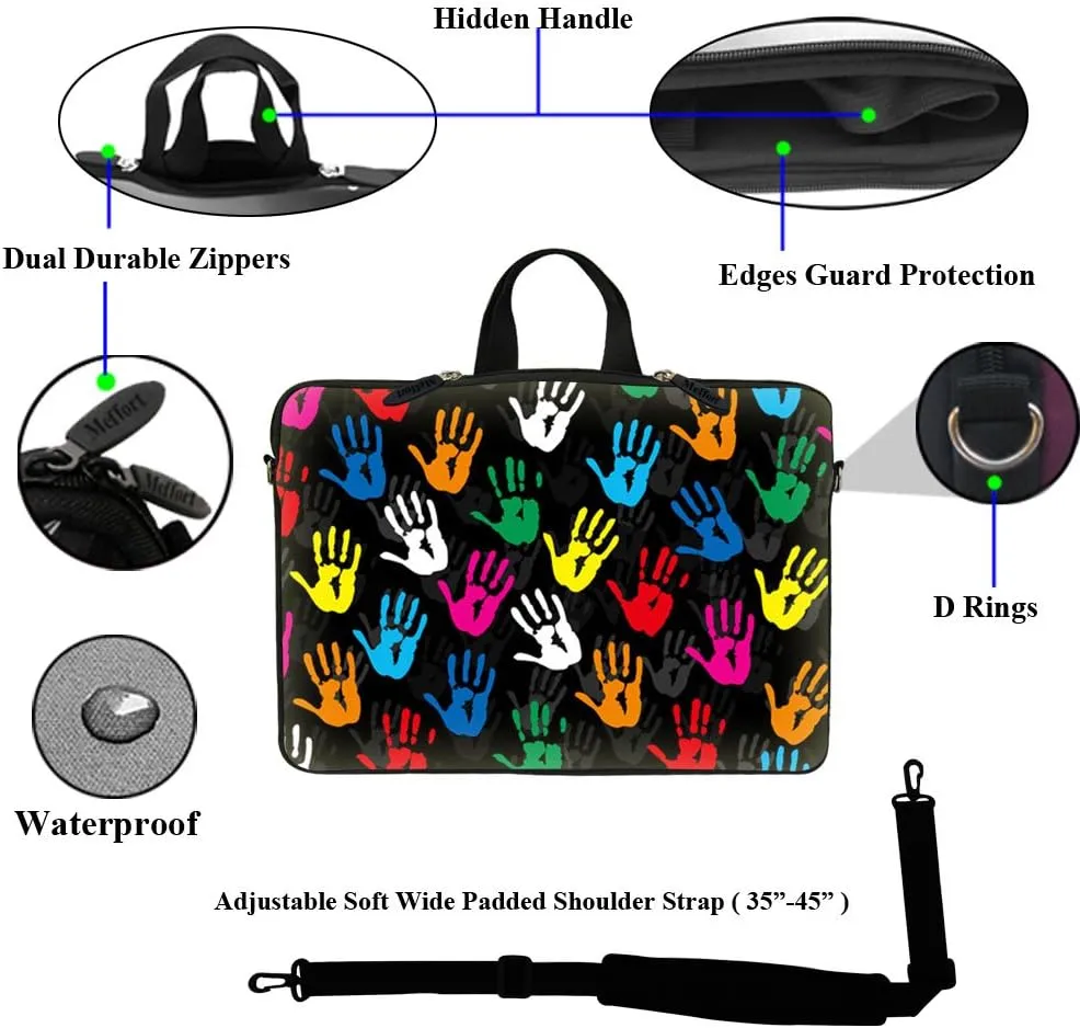 Meffort Inc 15 15.6 inch Neoprene Laptop Sleeve Bag Carrying Case with Hidden Handle and Adjustable Shoulder Strap - Colorful Hands