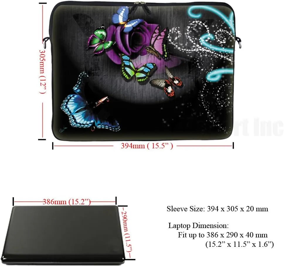 Meffort Inc 15 15.6 inch Neoprene Laptop Sleeve Bag Carrying Case with Hidden Handle and Adjustable Shoulder Strap - Gray Butterfly Design