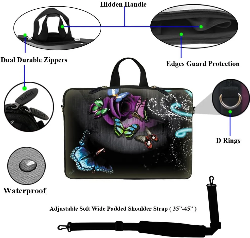 Meffort Inc 15 15.6 inch Neoprene Laptop Sleeve Bag Carrying Case with Hidden Handle and Adjustable Shoulder Strap - Gray Butterfly Design