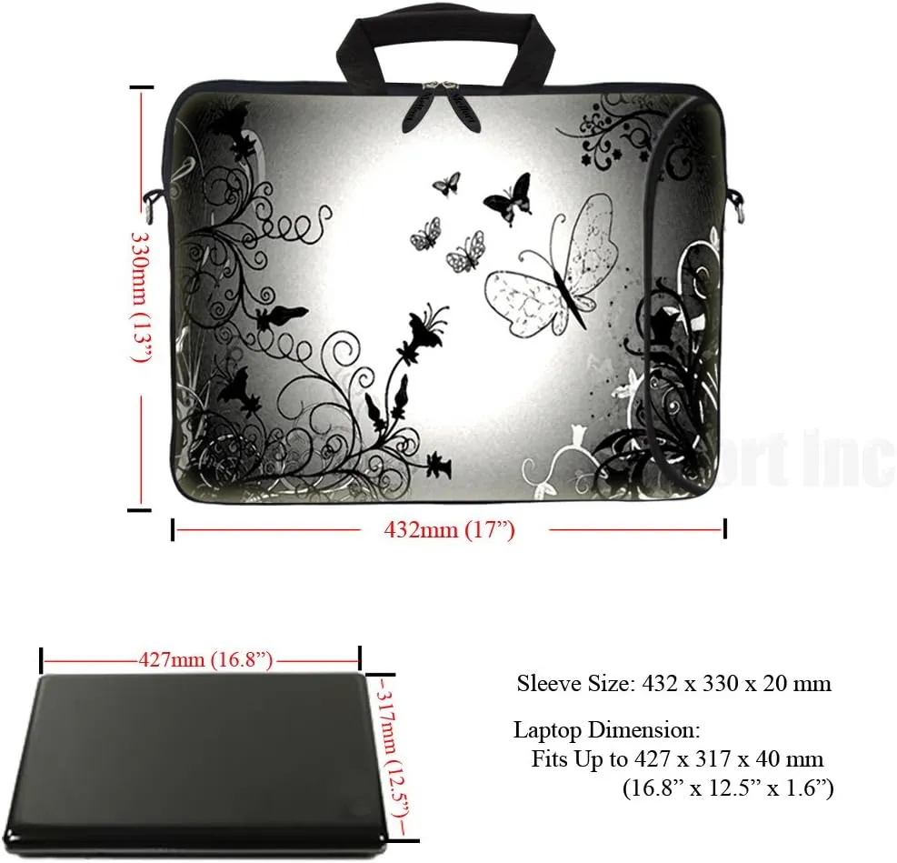 Meffort Inc 17 17.3 inch Neoprene Laptop Bag Sleeve with Extra Side Pocket, Soft Carrying Handle & Removable Shoulder Strap for 16" to 17.3" Size Notebook Computer - Black Gray Butterfly Design