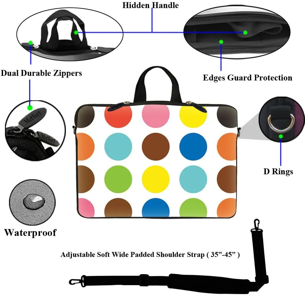Meffort Inc 17 17.3 inch Neoprene Laptop Sleeve Bag Carrying Case with Hidden Handle and Adjustable Shoulder Strap - Colorful Polka Dot