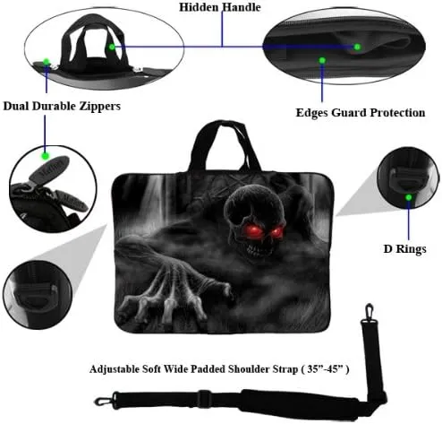 Meffort Inc 17 17.3 inch Neoprene Laptop Sleeve Bag Carrying Case with Hidden Handle and Adjustable Shoulder Strap - Crawling Skeleton