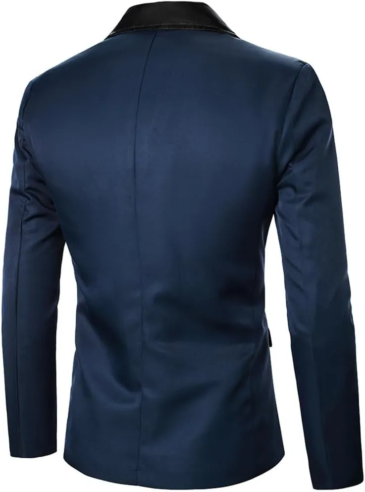 Men Suit Coat Contrast Satin Collar One Button Fit Blazer Relaxed Long Sleeve Formal Jacket