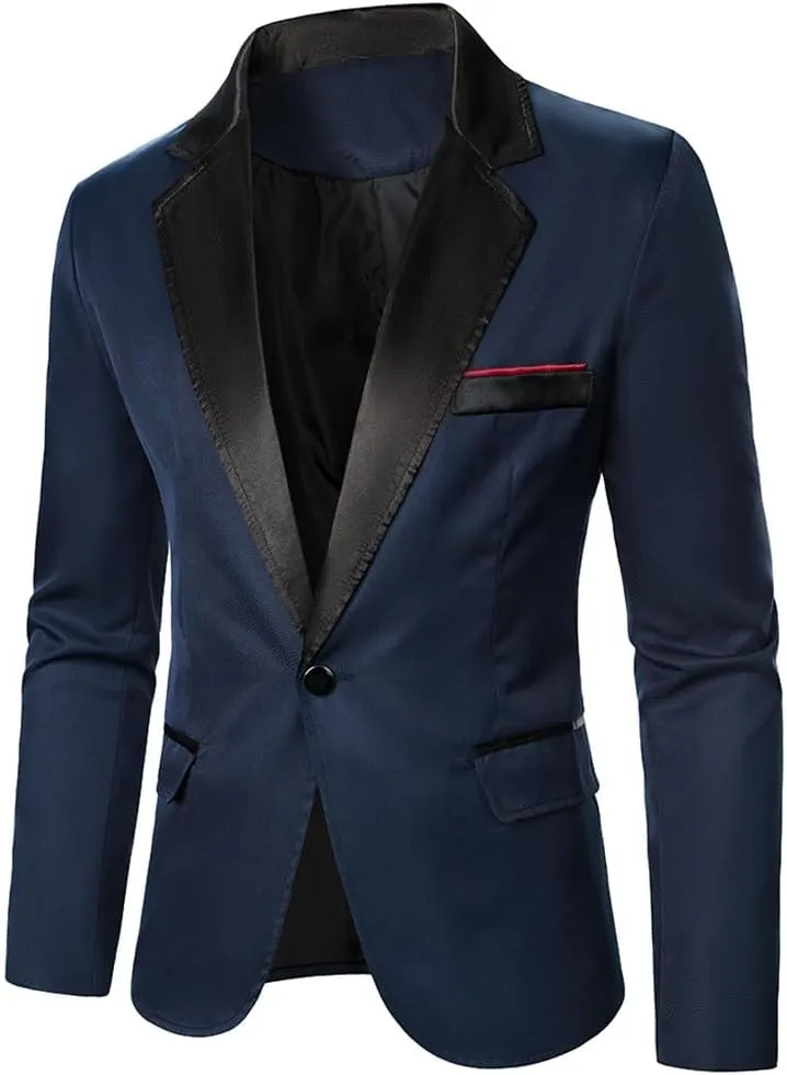 Men Suit Coat Contrast Satin Collar One Button Fit Blazer Relaxed Long Sleeve Formal Jacket