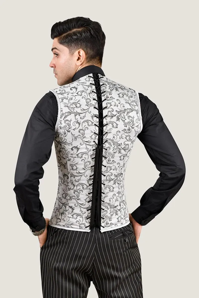 Men's Brocade Corset Vest  Waist Training Cincher with Steel Boning for Body Shaping and Posture Support