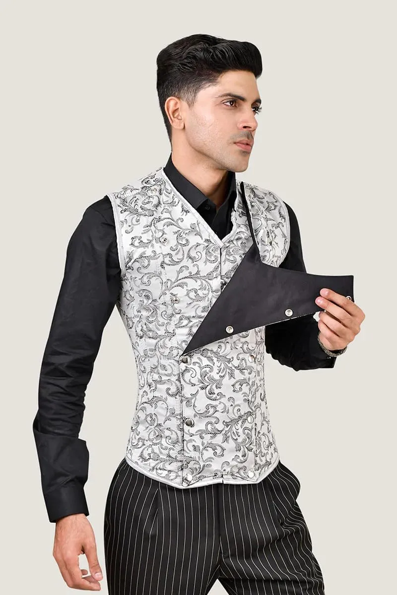 Men's Brocade Corset Vest  Waist Training Cincher with Steel Boning for Body Shaping and Posture Support