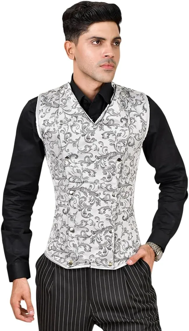 Men's Brocade Corset Vest  Waist Training Cincher with Steel Boning for Body Shaping and Posture Support