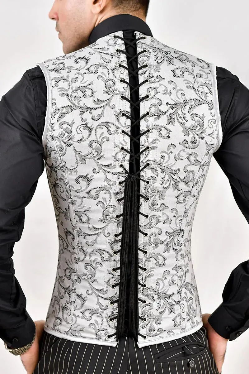 Men's Brocade Corset Vest  Waist Training Cincher with Steel Boning for Body Shaping and Posture Support