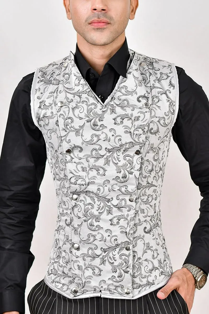 Men's Brocade Corset Vest  Waist Training Cincher with Steel Boning for Body Shaping and Posture Support