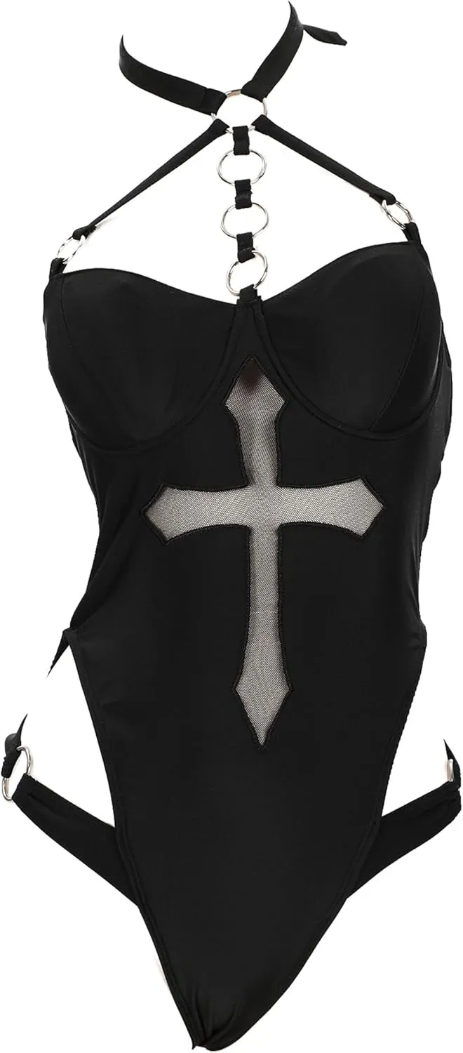 MEOWCOS Gothic Black Swimsuit Halter Cross Pattern Cutout Bodysuit Bathing Suit and Arm Sleeves