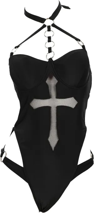 MEOWCOS Gothic Black Swimsuit Halter Cross Pattern Cutout Bodysuit Bathing Suit and Arm Sleeves