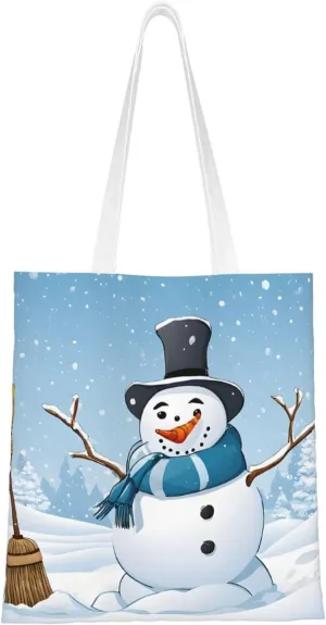 (Merry Christmas Snowmen) Reusable Canvas Tote Bag For Women Lightweight Handbag Shopping Bag Stylish Shoulder Bag