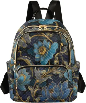 Mini Backpack for Women Blue Lotus Flower Small Purse Daypacks Stylish Bags Lightweight Travel Backpacks for College Shopping Work Dating