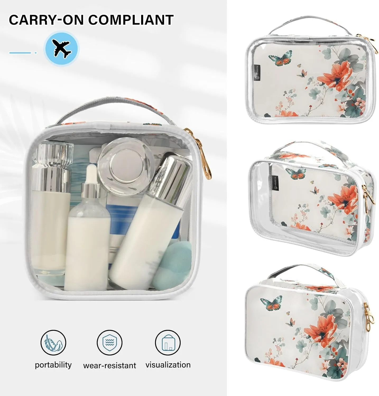 MNSRUU Clear Makeup Bags Butterflies and Flower Toiletry Bag for Women 2 PCS Waterproof Clear Bags Clear Travel Toiletry Bag Small Cosmetic Makeup Bag, Carry on Airport Airline Compliant Bag