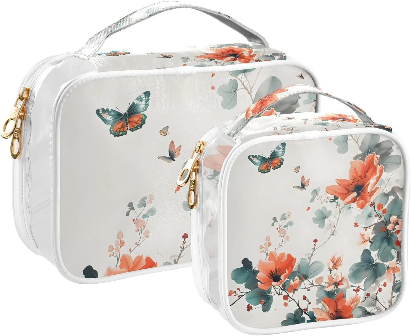MNSRUU Clear Makeup Bags Butterflies and Flower Toiletry Bag for Women 2 PCS Waterproof Clear Bags Clear Travel Toiletry Bag Small Cosmetic Makeup Bag, Carry on Airport Airline Compliant Bag