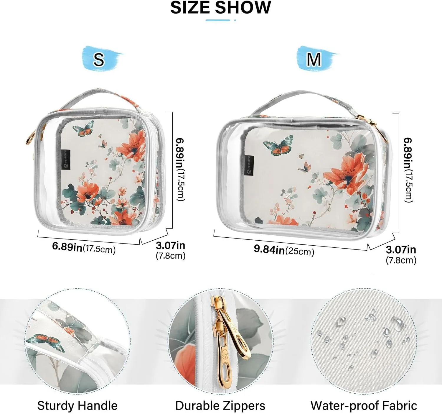 MNSRUU Clear Makeup Bags Butterflies and Flower Toiletry Bag for Women 2 PCS Waterproof Clear Bags Clear Travel Toiletry Bag Small Cosmetic Makeup Bag, Carry on Airport Airline Compliant Bag