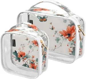 MNSRUU Clear Makeup Bags Butterflies and Flower Toiletry Bag for Women 2 PCS Waterproof Clear Bags Clear Travel Toiletry Bag Small Cosmetic Makeup Bag, Carry on Airport Airline Compliant Bag