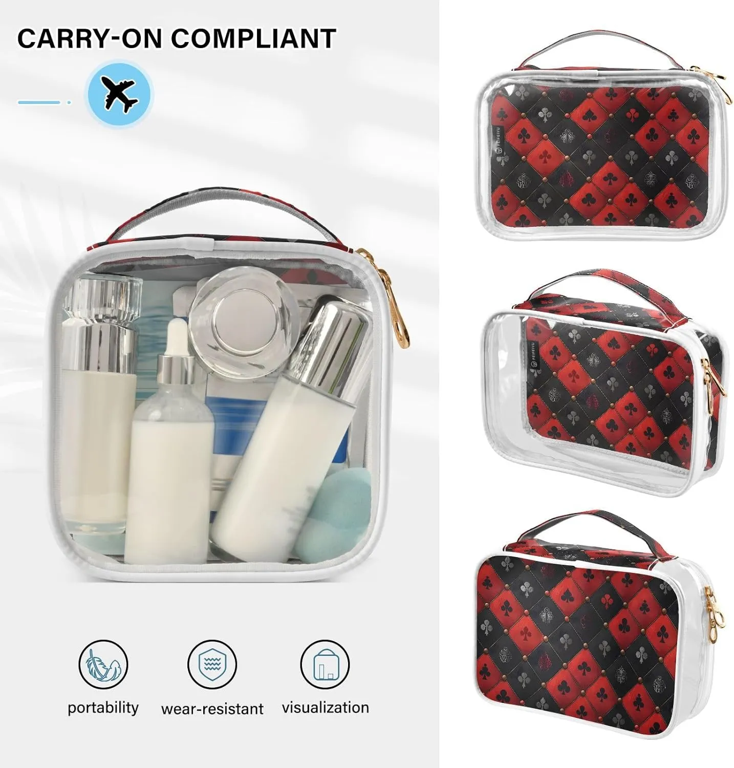 MNSRUU Clear Makeup Bags Royal Red Black Diamond Toiletry Bag for Women 2 PCS Waterproof Clear Bags Clear Travel Toiletry Bag Small Cosmetic Makeup Bag, Carry on Airport Airline Compliant Bag