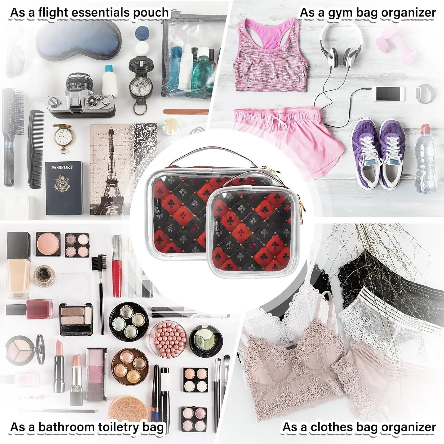MNSRUU Clear Makeup Bags Royal Red Black Diamond Toiletry Bag for Women 2 PCS Waterproof Clear Bags Clear Travel Toiletry Bag Small Cosmetic Makeup Bag, Carry on Airport Airline Compliant Bag