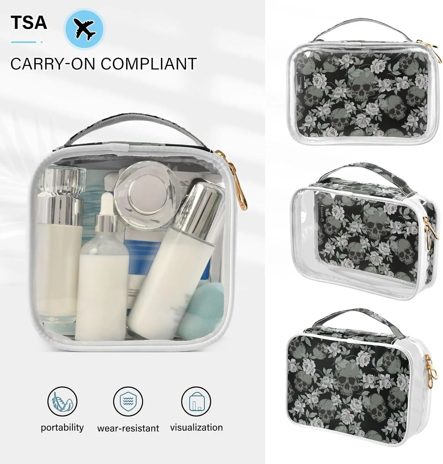 MNSRUU Clear Makeup Bags Vintage Skulls Roses Toiletry Bag for Women 2 PCS Waterproof Clear Bags Clear Travel Toiletry Bag Small Cosmetic Makeup Bag, Carry on Airport Airline Compliant Bag
