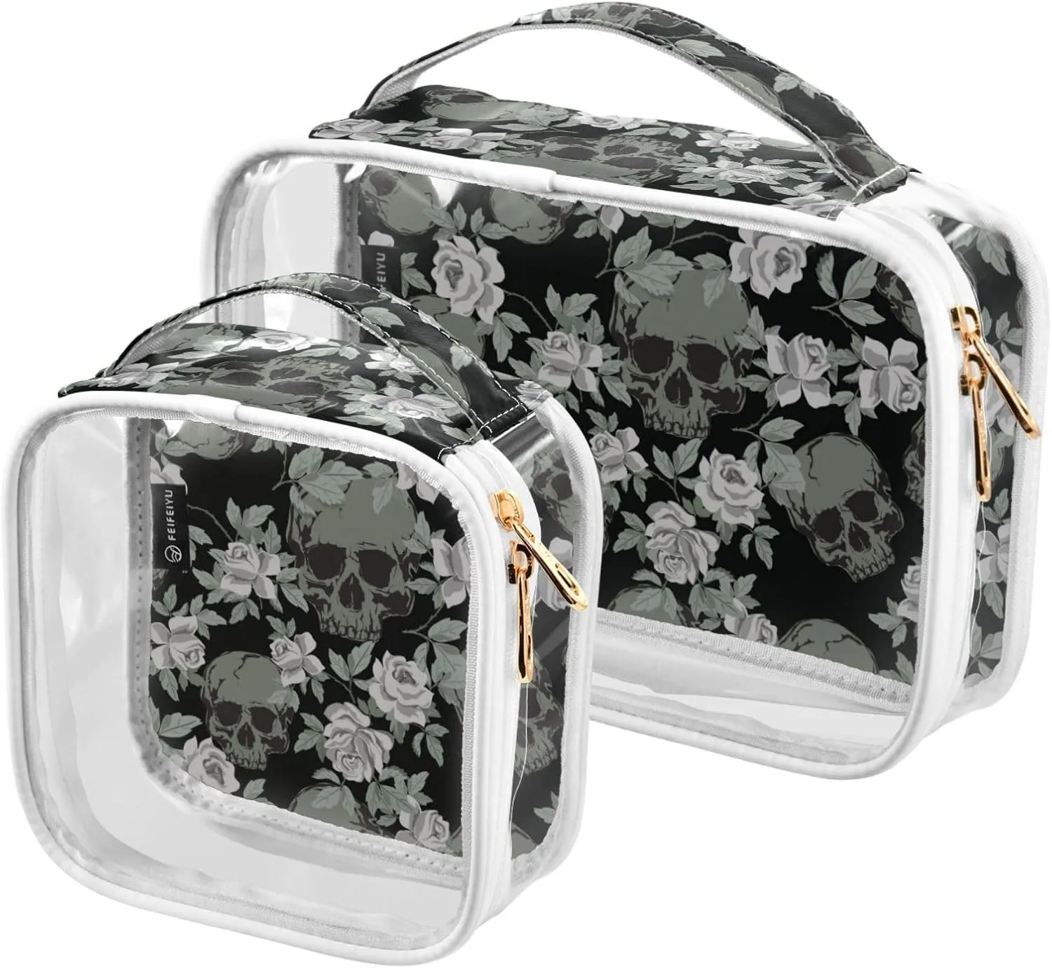 MNSRUU Clear Makeup Bags Vintage Skulls Roses Toiletry Bag for Women 2 PCS Waterproof Clear Bags Clear Travel Toiletry Bag Small Cosmetic Makeup Bag, Carry on Airport Airline Compliant Bag