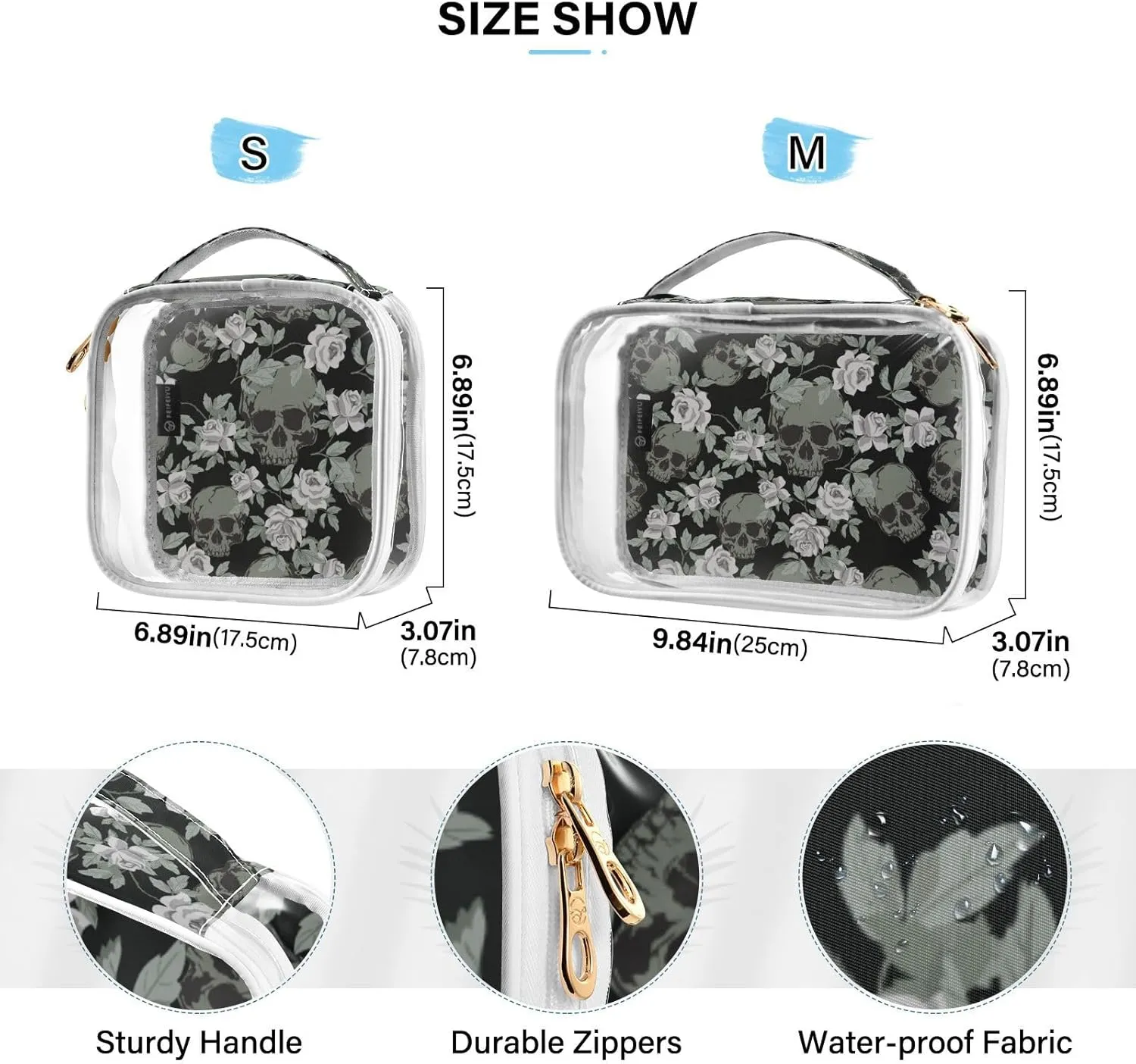 MNSRUU Clear Makeup Bags Vintage Skulls Roses Toiletry Bag for Women 2 PCS Waterproof Clear Bags Clear Travel Toiletry Bag Small Cosmetic Makeup Bag, Carry on Airport Airline Compliant Bag