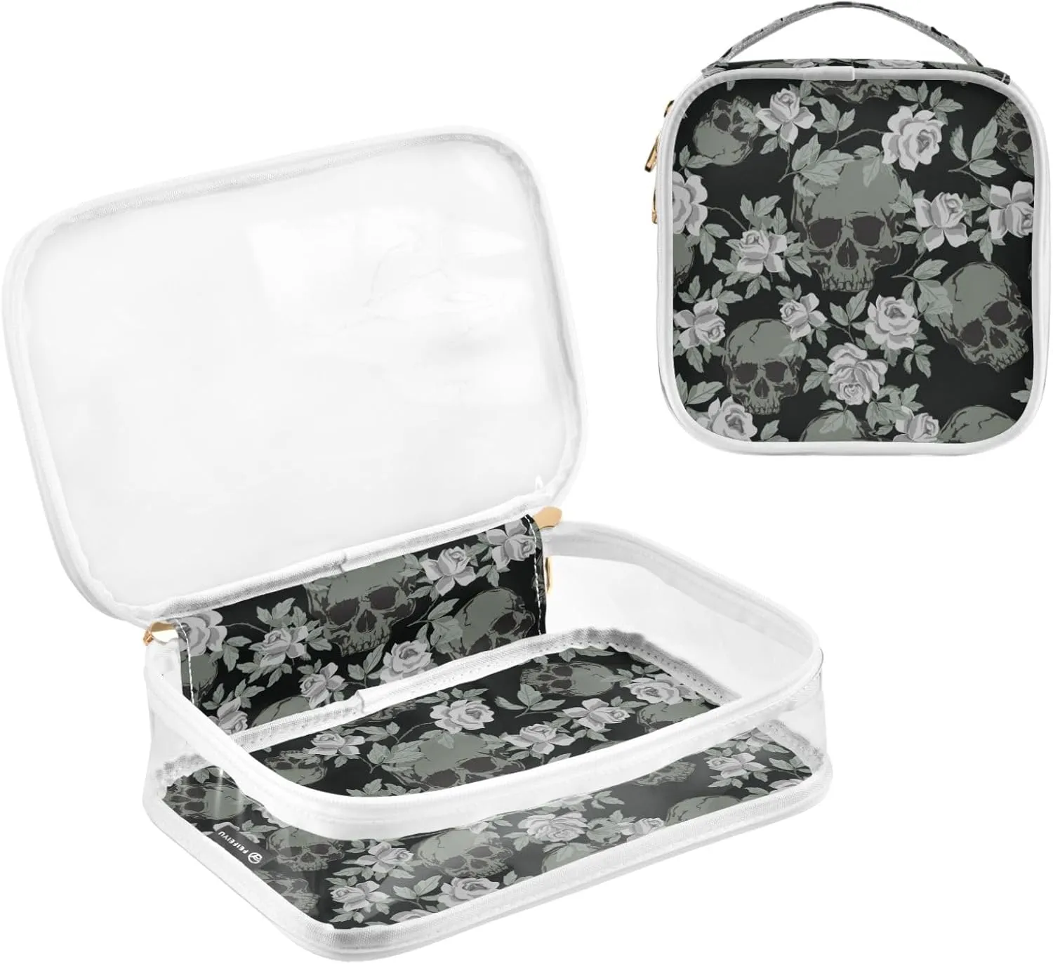 MNSRUU Clear Makeup Bags Vintage Skulls Roses Toiletry Bag for Women 2 PCS Waterproof Clear Bags Clear Travel Toiletry Bag Small Cosmetic Makeup Bag, Carry on Airport Airline Compliant Bag