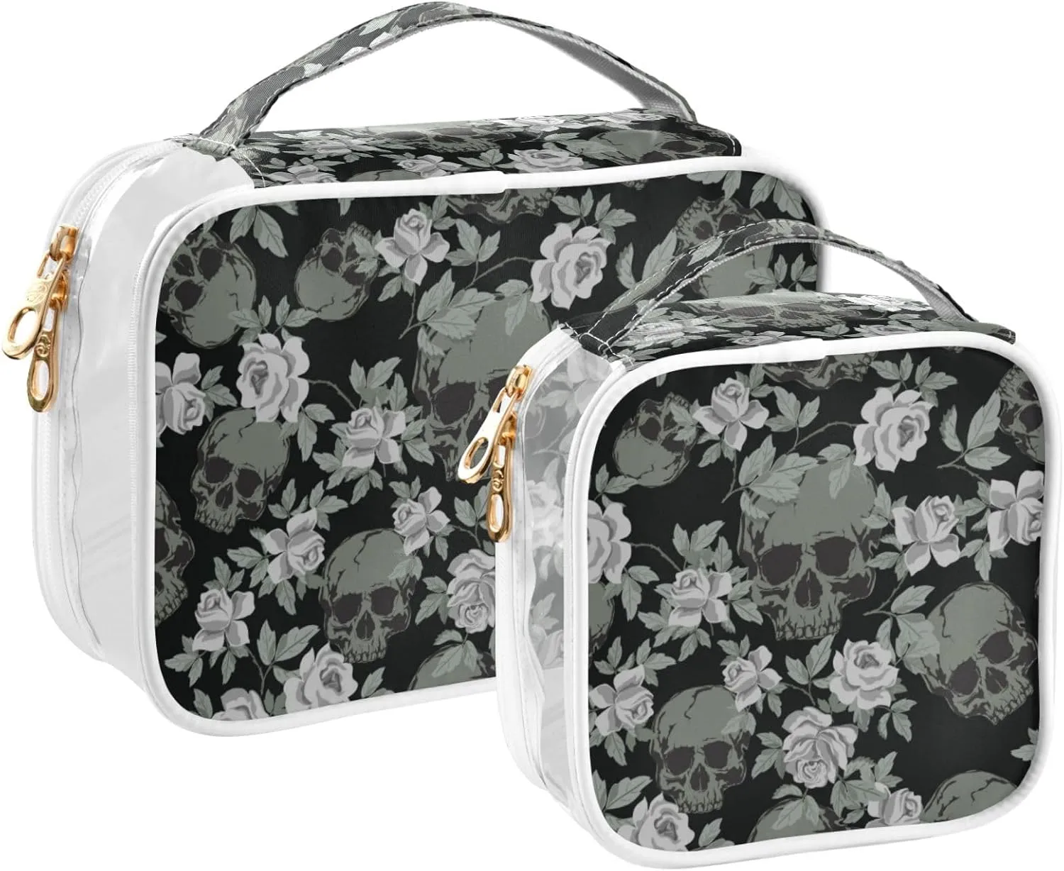 MNSRUU Clear Makeup Bags Vintage Skulls Roses Toiletry Bag for Women 2 PCS Waterproof Clear Bags Clear Travel Toiletry Bag Small Cosmetic Makeup Bag, Carry on Airport Airline Compliant Bag