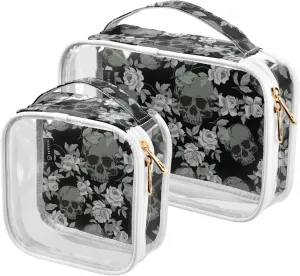 MNSRUU Clear Makeup Bags Vintage Skulls Roses Toiletry Bag for Women 2 PCS Waterproof Clear Bags Clear Travel Toiletry Bag Small Cosmetic Makeup Bag, Carry on Airport Airline Compliant Bag