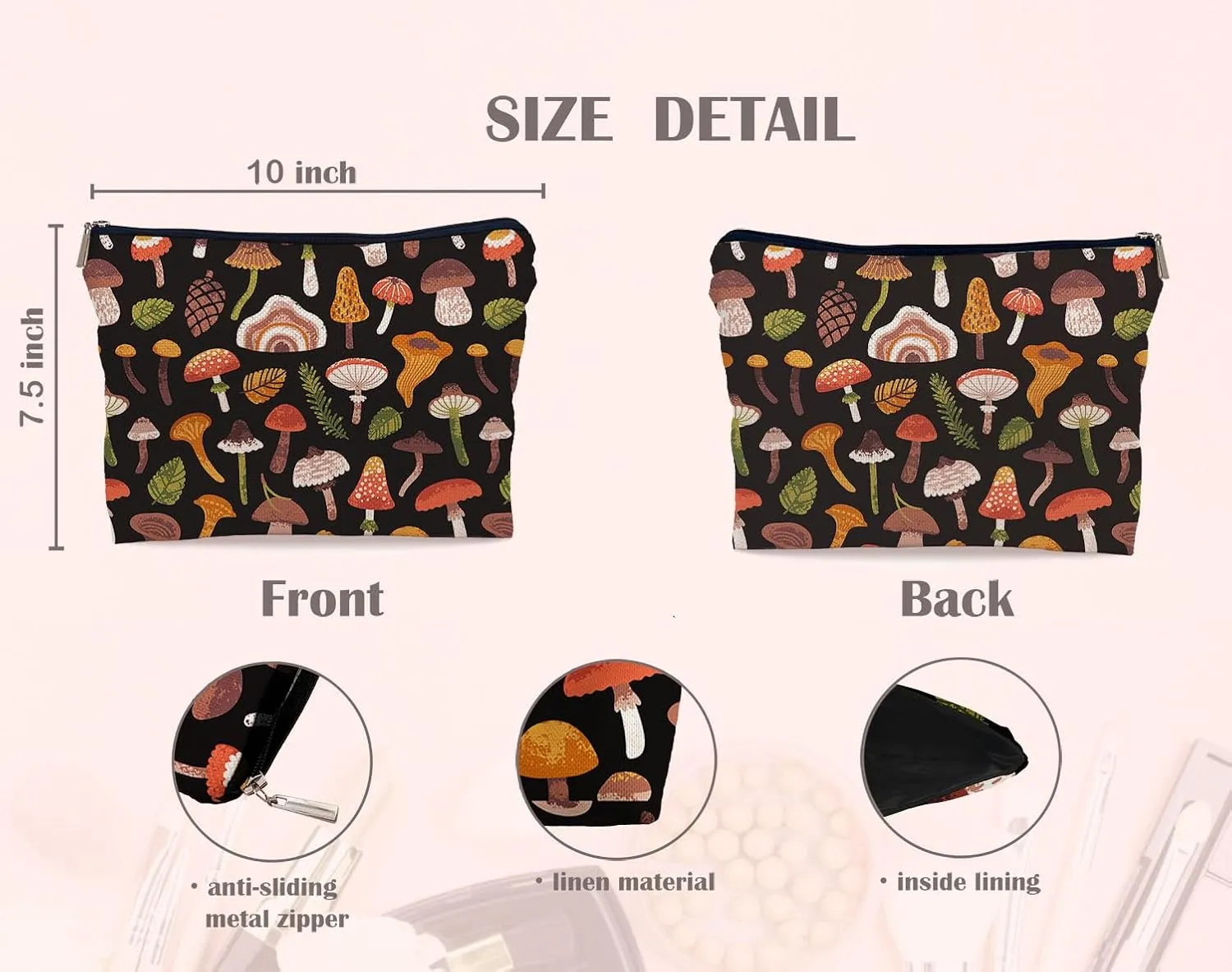 Mushroom Makeup Bag Cosmetic Bags for Women, Mushroom Gifts for Women, Gifts for Mushroom Lovers, Mushroom Art Small Makeup Cosmetic Bag for Purse