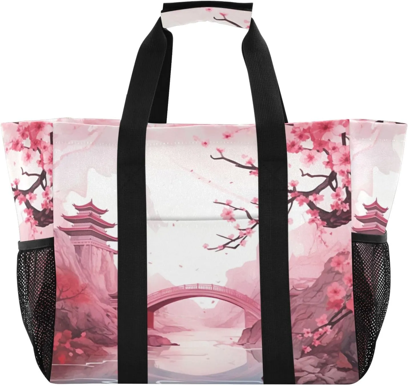 Nander Beautiful Cherry Blossoms Foldable Tote Bag Waterproof Sandproof Women Beach Bag Handbag Gym Bag Travel Shopping Bag