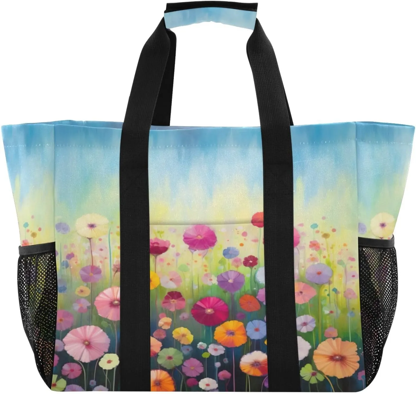 Nander Beautiful Colorful Wildflowers Foldable Tote Bag Waterproof Sandproof Women Beach Bag Handbag Gym Bag Travel Shopping Bag