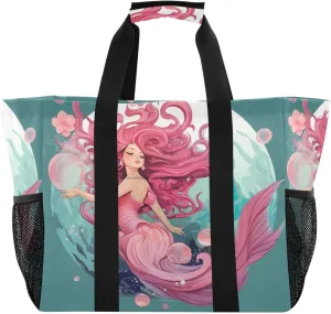 Nander Beautiful Mermaid Girl Foldable Tote Bag Waterproof Sandproof Women Beach Bag Handbag Gym Bag Travel Shopping Bag
