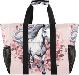 Nander Beautiful White Horse Foldable Tote Bag Waterproof Sandproof Women Beach Bag Handbag Gym Bag