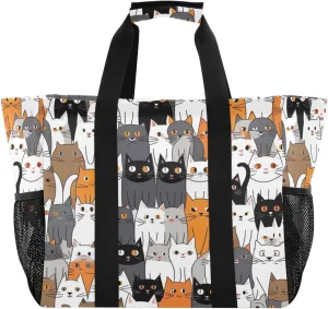 Nander Cartoon Dog and Cat Foldable Tote Bag Waterproof Sandproof Women Beach Bag Handbag Gym Bag
