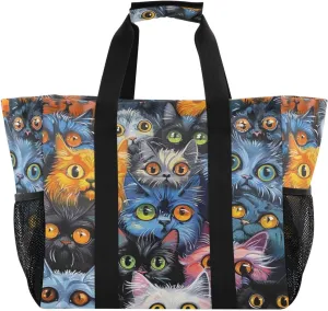 Nander Cute Colored Cats Foldable Tote Bag Waterproof Sandproof Women Beach Bag Handbag Gym Bag