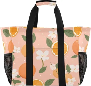 Nander Oranges and Small Flowers Foldable Tote Bag Waterproof Sandproof Women Beach Bag Handbag Gym Bag