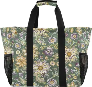 Nander Retro Flowers Foldable Tote Bag Waterproof Sandproof Women Beach Bag Handbag Gym Bag