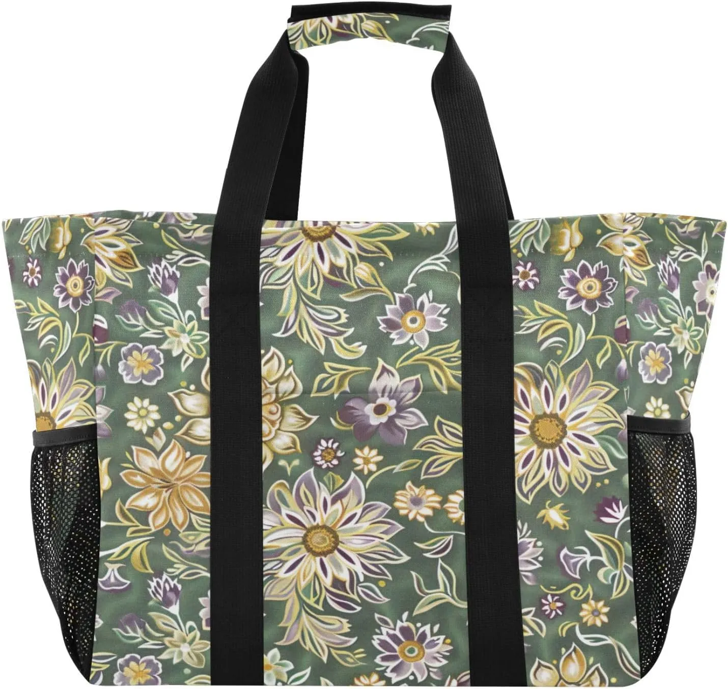 Nander Retro Flowers Foldable Tote Bag Waterproof Sandproof Women Beach Bag Handbag Gym Bag