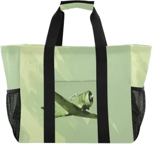 Nander Retro Green Aircraft Foldable Tote Bag Waterproof Sandproof Women Beach Bag Handbag Gym Bag
