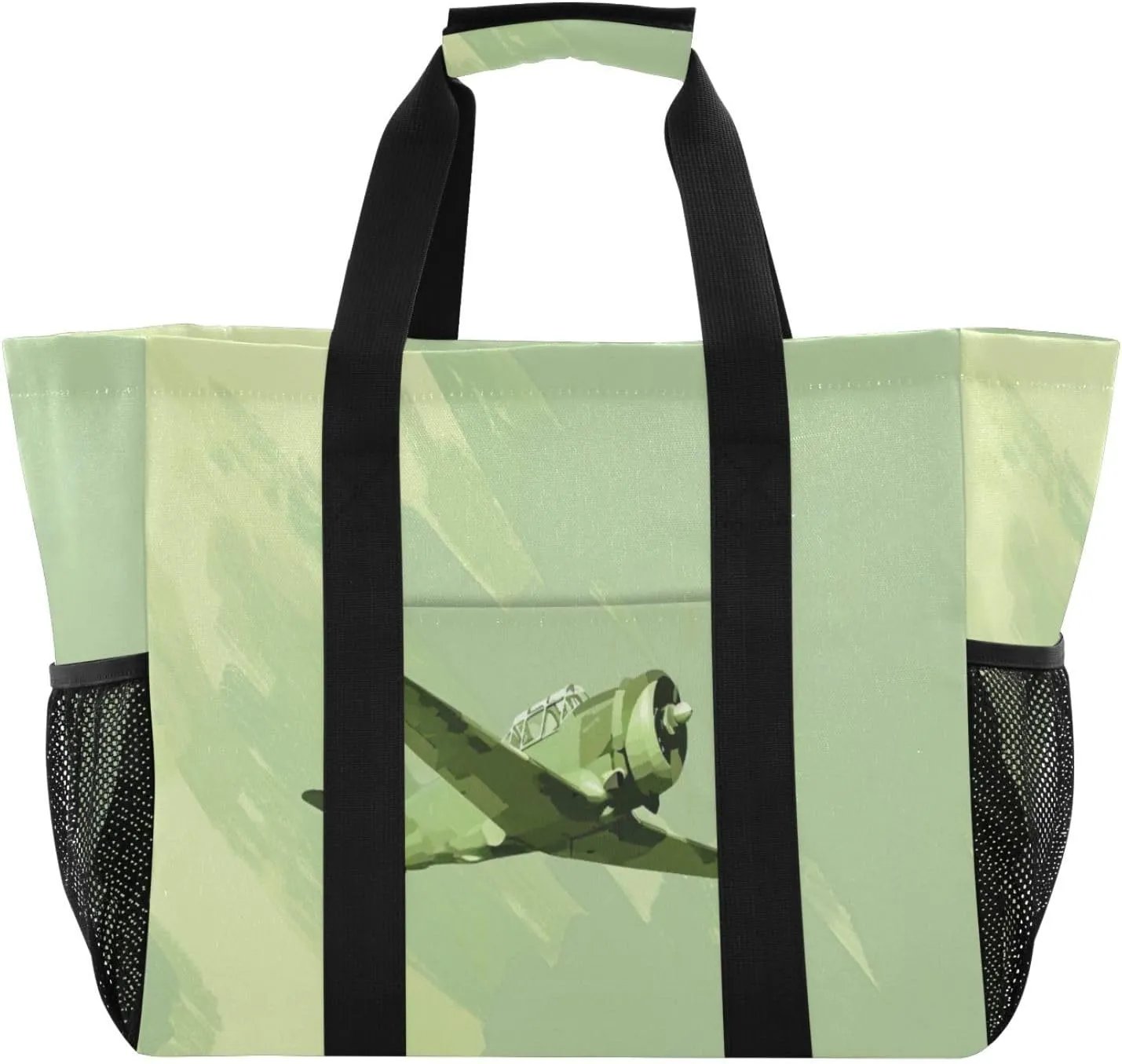 Nander Retro Green Aircraft Foldable Tote Bag Waterproof Sandproof Women Beach Bag Handbag Gym Bag