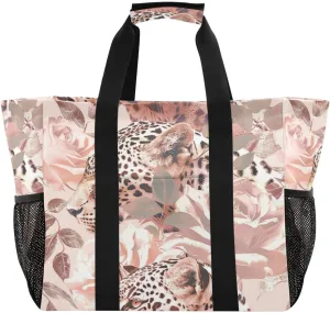 Nander Rose Gold Leopard Pattern Foldable Tote Bag Waterproof Sandproof Women Beach Bag Handbag Gym Bag
